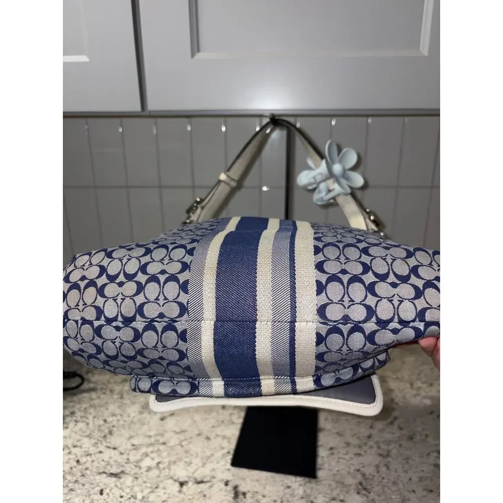 Coach Courtenay Hobo Blue Signature Stripe White Leather Tassel A1393